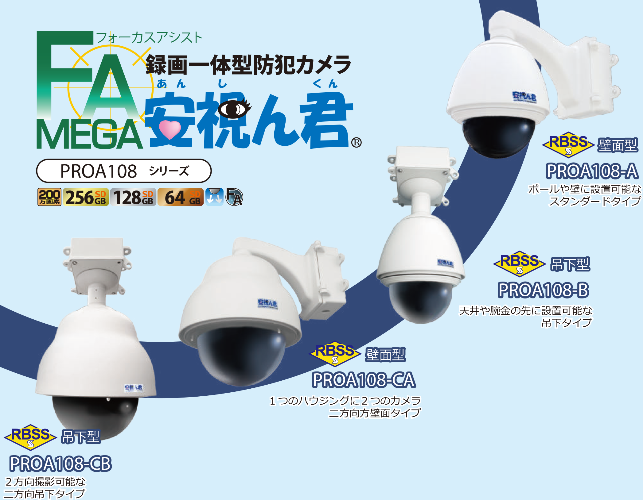 録画一体型防犯カメラ安視ん君 PROA108シリーズ 壁面型PROA108-A/吊下型PROA108-B/二方向壁面型PROA109-CA/二方向吊下型PROA108-CB